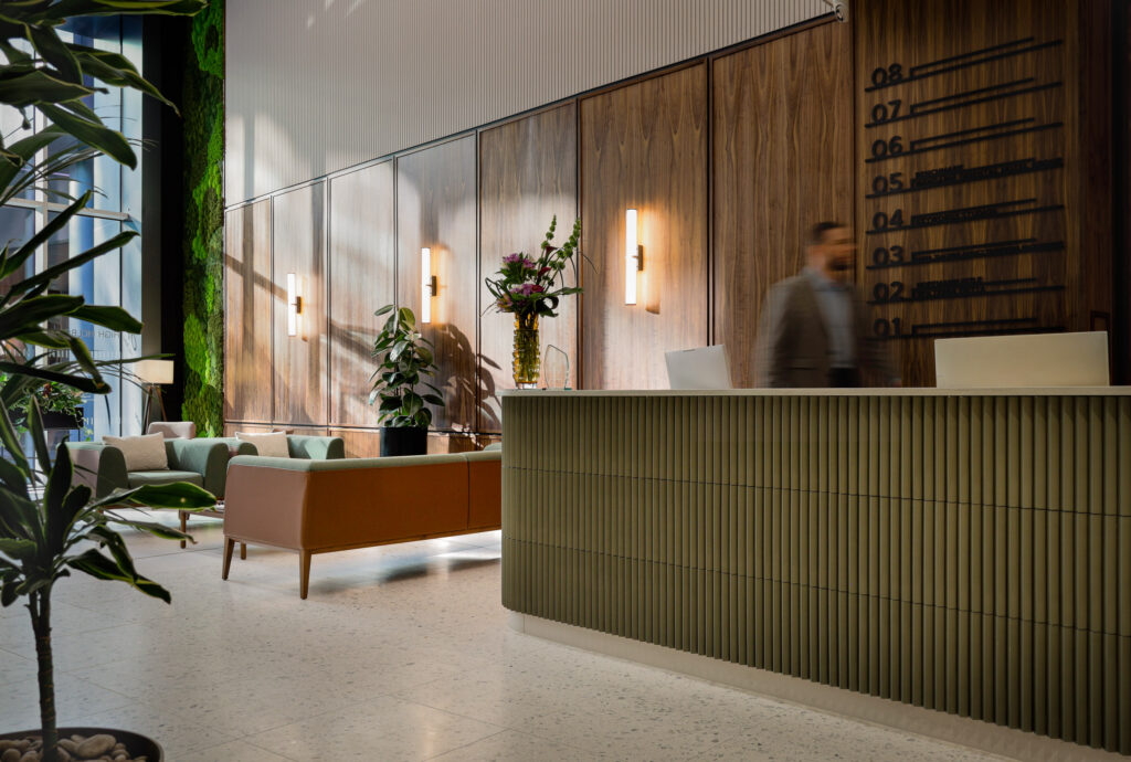 Bespoke fluted tile reception counter at 110 High Holborn, London